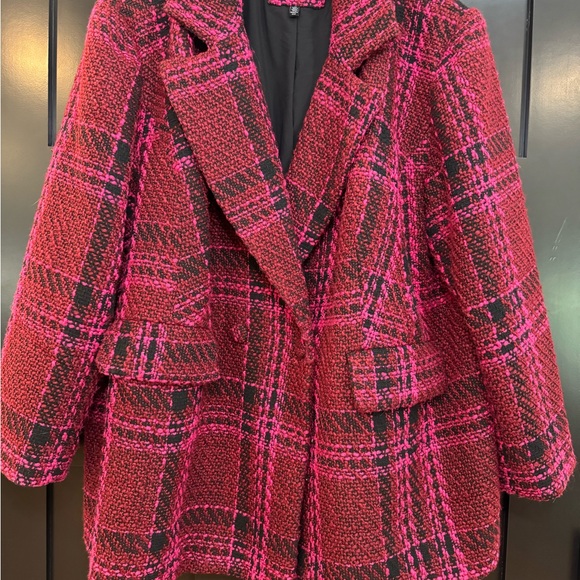 ❤️ELOQUII BOLD PINK, RED & BLACK DOUBLE BREASTED TWILL BLAZER - Picture 5 of 6